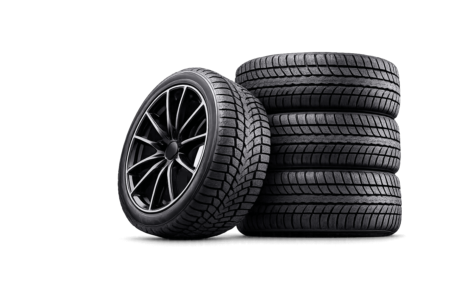 Stack of premium tires with alloy wheel
